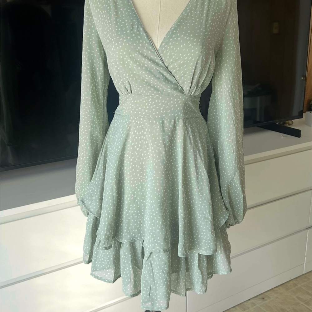 Elegant Mint Sage Polka Dot Wrap Dress
